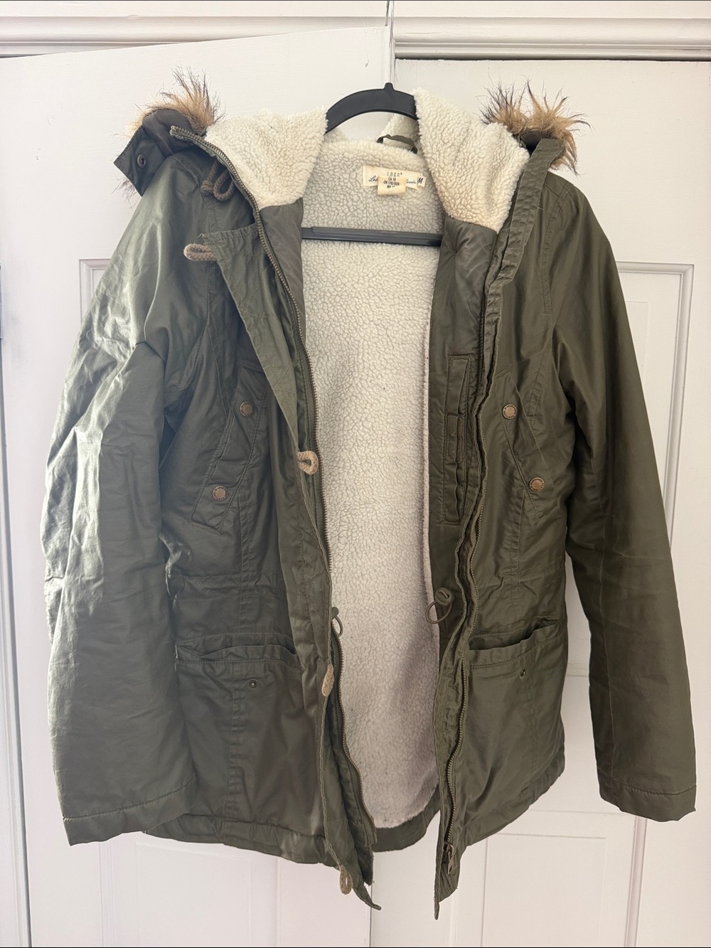 H&M Olive Green Utility Parka with Sherpa Lining and Faux-Fur Trim